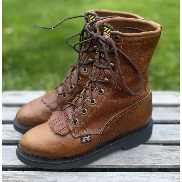 Justin Western Work Boot Womens B Brown Leather Kiltie Lace Up L762 Made USA